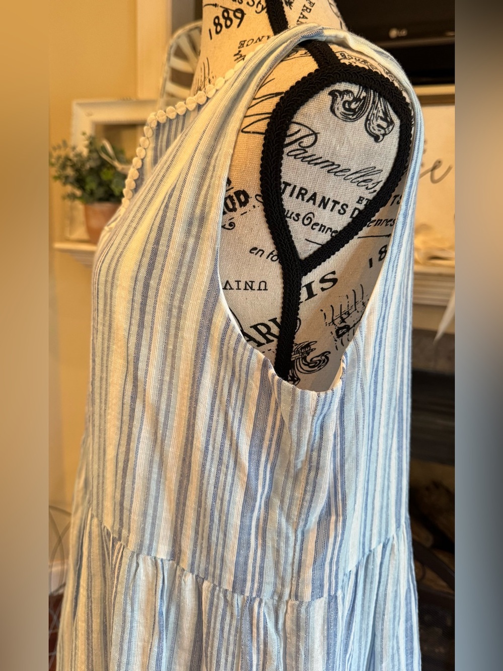 Ronni Nicole Sleeveless Linen Blend Babydoll Dress Blue White Stripes Ruffle LRG - Picture 6 of 11